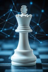Poster - White Queen Chess Piece On Board With Futuristic Blue Technology Network, Innovation Concept.