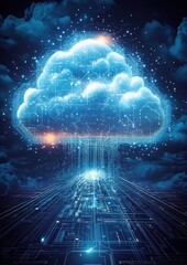 Poster - surreal circuit board pathway through illuminated clouds at night