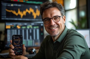 Poster - Confident man with smartphone analyzing stock market trends