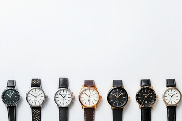 Aufkleber - Different styles of wristwatches are displayed in a row on a clean white surface, showcasing various designs and colors for inspiration. Generative AI