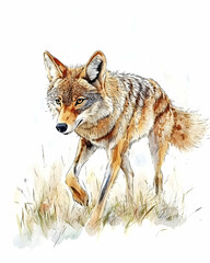 watercolor painting of a coyote in tall grass.