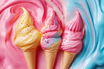 Wall Mural - Three Ice Cream Cones Resting In Swirled Pink and Blue Ice Cream