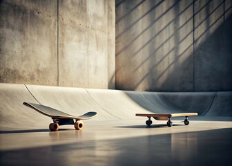 Poster - A Minimalist Stock Photo Showcasing the Intricate Details of a Skateboard Resting on a Smooth Concrete Ramp, Perfect for Fashion and Lifestyle Themes