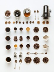 Poster - Flat lay showcases various coffee beans in bowls, cups filled with different brews, and spoons arranged neatly for an appealing presentation. Generative AI