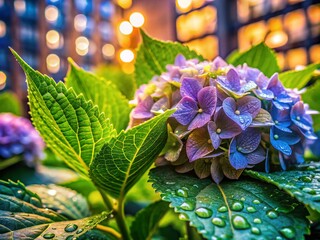 Wall Mural - Architectural Photography Capture of Hydrangea Leaves Bejeweled with Raindrops, Showcasing Nature's Beauty Amidst Urban Landscapes for Stunning Visual Appeal