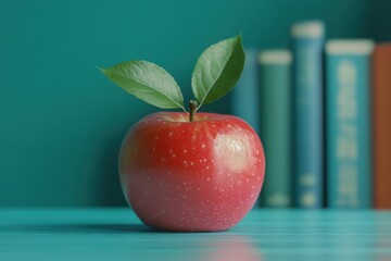 Wall Mural - A close-up view of a shiny red apple with a green leaf placed on a turquoise wooden table