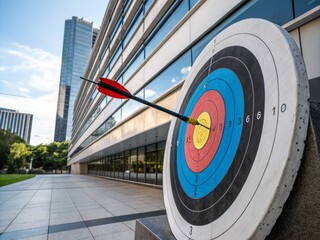 Poster - Architectural Photography: Classic Color Target with Arrow-Focused on Precision in Design, Symbolizing Goals and Achievements in a Unique and Artistic Architectural Context