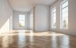© satsatsat.studio - Sunlit empty room with hardwood floors and large windows.