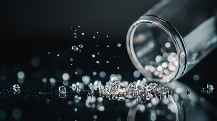 Poster - Bright reflections from a glass container spilling crystals onto a dark surface with blurred background