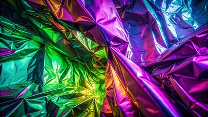 Poster - Architectural Photography: Stunning Vibrant Violet and Green Crinkled Foil Texture with Stylish Duotone Effect and Dreamy Neon Lights Distortion in Background