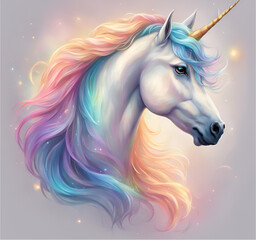  A unicorn with a deep indigo coat prances through a starlit galaxy. Its mane sparkles like stardust, and its horn emits a soft, ethereal glow. The background is filled with twinkling stars and swirlin