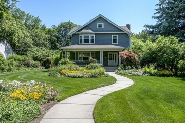 Wall Mural - A picturesque suburban home with gray siding, white trim, and a wide green lawn