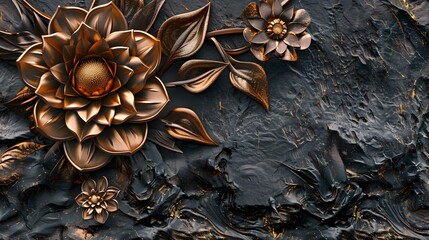 Fototapete - Bronze metallic flowers on dark textured background.