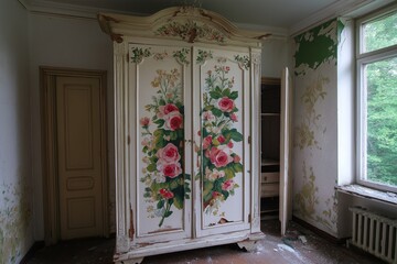 Poster - A vintage wardrobe with peeling white paint and floral motifs painted on the doors