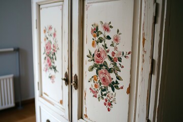 Poster - A vintage wardrobe with peeling white paint and floral motifs painted on the doors