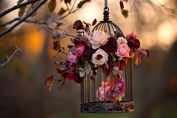 Wall Mural - A weathered birdcage filled with flowers and hanging from a tree branch