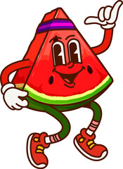 Poster - Groovy cartoon watermelon slice funny character on fitness. Fresh and juicy watermelon happy vector personage, delicious fruit funny groovy mascot or summer dessert cheerful character wearing headband