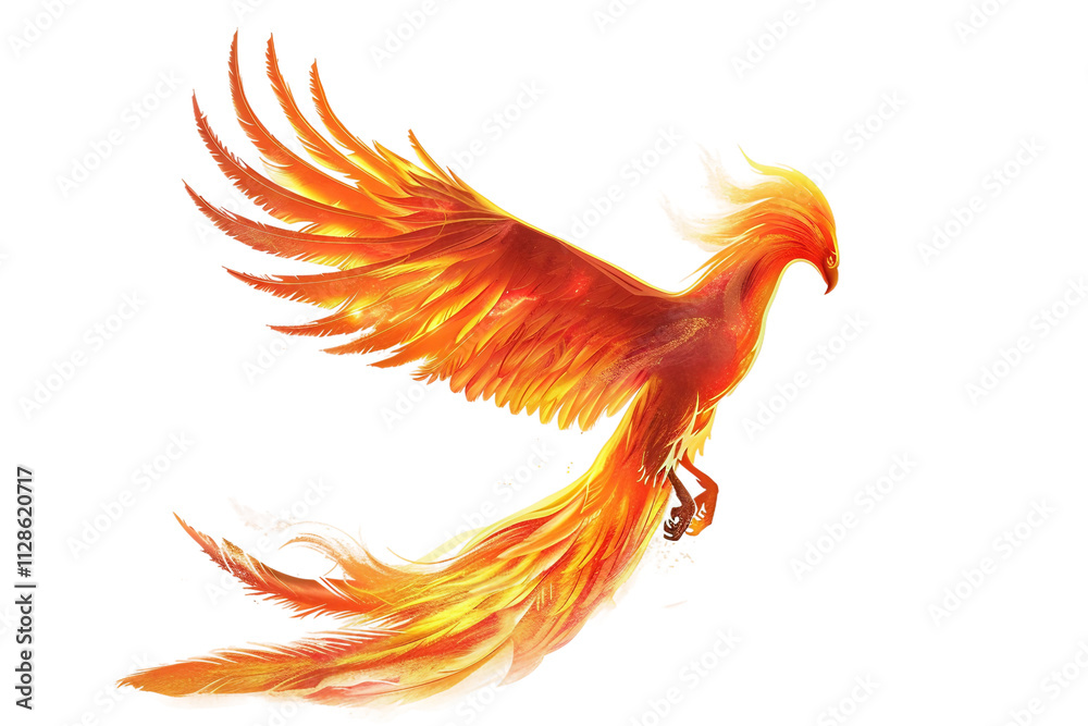 Majestic glowing phoenix bird soaring with vibrant light effects isolated on transparent background