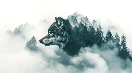 A majestic wolf silhouette emerging from misty forest surroundings, embodying the beauty of nature and wildlife.
