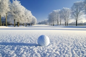 A golf ball on the snow-covered ground, surrounded by trees and a clear blue sky in winter. 