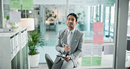Poster - Thinking, sticky notes and business man on tablet in office for schedule, brainstorming and problem solving on glass. Professional, corporate and man on digital tech for website, research or planning