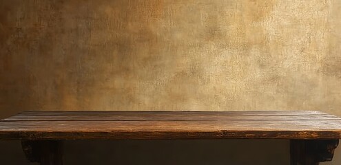 Poster - Rustic wooden table with blank background for product display with textured brown wall in the background. Surface providing space to place products or items on its smooth top surface.
