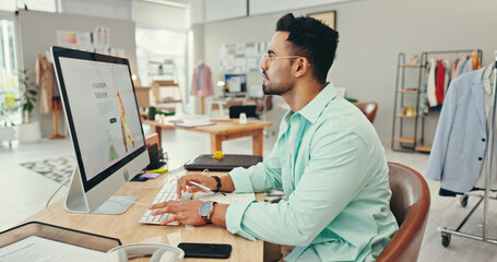 Poster - Fashion designer, man or computer at desk for planning clothing design or inspiration for product aesthetic. Small business, entrepreneur or reading market research for online ideas or creative style