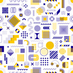 Aufkleber - Geometric memphis shape elements seamless pattern. Abstract graphic vector background with modern memphis pattern of trendy line geometric shapes. Yellow blue squares, circles, dots and grid figures