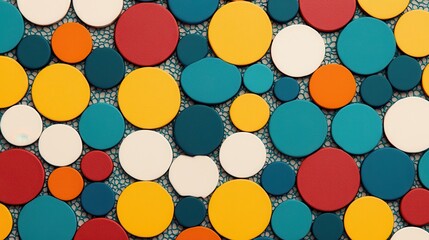 Wall Mural - A vibrant arrangement of colorful circles in various sizes, creating a playful and dynamic visual pattern against a textured background.