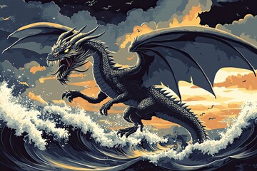 Wall Mural - Majestic Dragon Soaring Above Powerful Ocean Waves