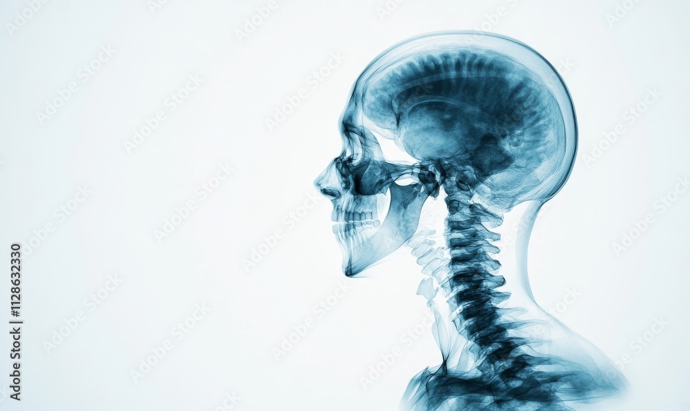 Detailed x-ray image showing a human skull and cervical spine in ...