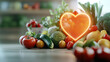 © Teeradej - Heart attack awareness concept. Glowing heart symbol and assortment of fresh vegetables and fruits, including tomatoes, zucchini, and broccoli