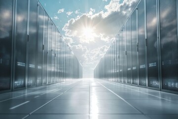 Poster - Data center corridor illuminated by sunlight and clouds in the sky