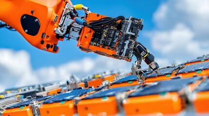Poster - Automated manufacturing process of solid-state battery cells futuristic factory technology-driven production high-tech environment aerial view innovative energy solutions for enhanced sustainability