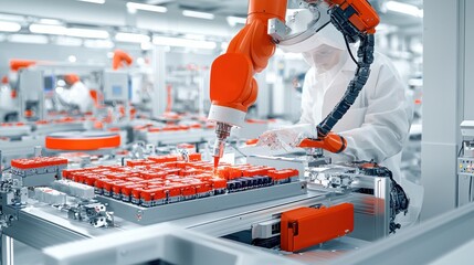Leinwandbilder - Automated line packaging of standardized ev battery packs manufacturing facility technical documentation industrial environment engineering perspective innovation in automation