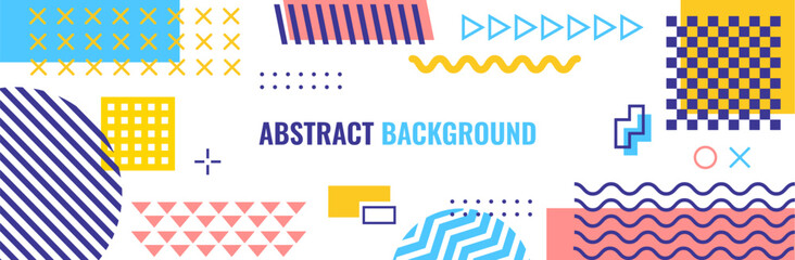 Poster - Abstract geometric modern Memphis banner with color and shape elements, vector background. Memphis pattern banner with modern or retro Y2K geometric shapes and isometric elements or minimal figures