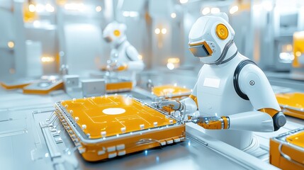 Fototapete - Automated robotic systems sealing electric vehicle battery modules in a controlled cleanroom environment for enhanced efficiency and safety