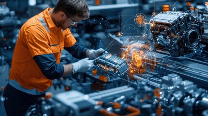 Fototapete - Technicians calibrating electric vehicle batteries for range optimization standards in advanced manufacturing facilities a technical overview of battery enhancements