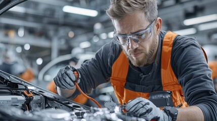 Leinwandbilder - Workers assembling electric vehicle battery enclosures with safety standards in automotive manufacturing plant industrial environment focused viewpoint on quality control