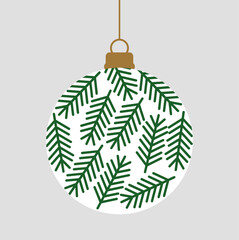 Wall Mural - christmas white ball with fir branches pattern. christmas bauble ornament. vector illustration.