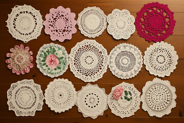 Poster - A collection of vintage doilies in varying patterns arranged on a wooden surface