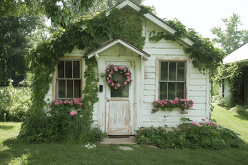 Poster - A garden shed with peeling white paint, adorned with ivy and floral wreaths
