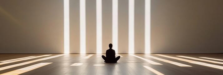 Poster - A lone person meditates on the floor in a spacious gallery, illuminated by shafts of sunlight breaking through blank walls. Generative AI