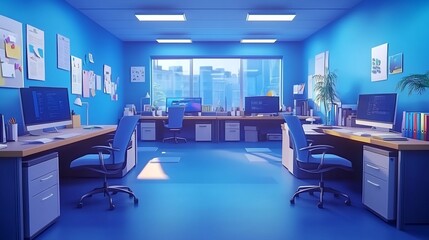 Poster - Modern blue office with two workstations, computers, city view.