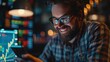 © LukaszDesign - Finance planning and trading using a phone app for an advisor or investor working late hours. Happy worker reviewing investments or cryptocurrency gains on tech devices