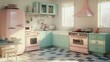 © pupus - Pastel pink and teal retro kitchen with checkered floor, sunlight streaming through window.
