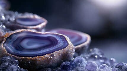 Poster - beautiful purple agate slices revealing intricate patterns and colors on a sparkling crystal surface