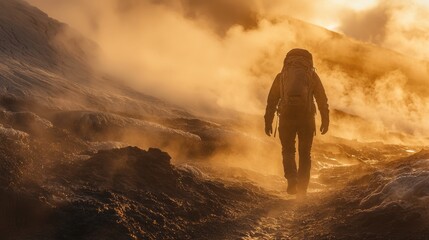 Poster - Venturing through a stunning volcanic terrain, a solitary hiker navigates rocky surfaces enveloped in steam. The golden light of sunset bathes the scene in a warm glow, highlighting the adventure
