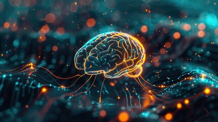 Poster - glowing digital brain exchanging vast amounts of data within a futuristic network, illustrating the 