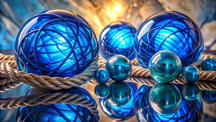 Poster - Blue Glass Spheres and Twisted Rope Coils on a Polished Marble Background - Elegant Architectural Photography Showcasing Unique Textures and Reflections